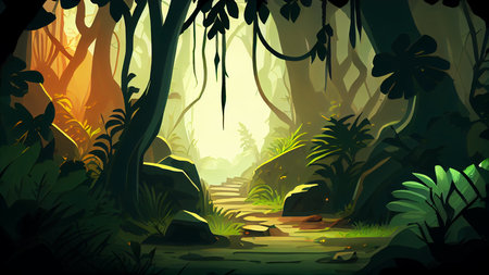 deep jungle forest 2D background environment for a mobile game. A high quality horizontal background landscape. Gaming template design location. Generative aiの素材