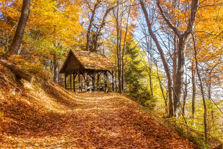 A small wooden resting house for climbers in the nature park Medvednica near Zagreb, Croatiaの写真素材