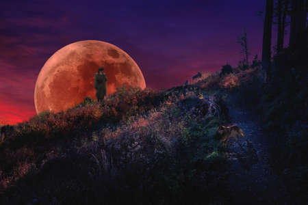 An old sage walking in moonlight