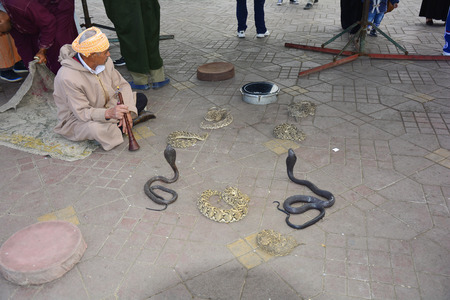 Marrakesh, Morocco - unidentified snake charmer and snakes on place Djemaa el-Fna - a Unesco world heritage siteのeditorial素材