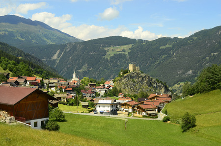 Austria, Tyrol, village Ladis with castle Laudeggのeditorial素材