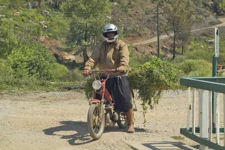 Antalya, Turkey - April 10th 2009: Unidentified man on bike laden with fodder in a small rural village near Antalyaのeditorial素材