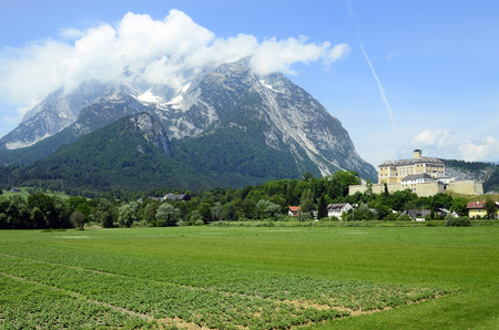 Austria, castle Trautenfels and Grimming mountain in Enns valleyのeditorial素材