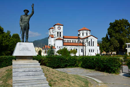 Greece, church Agio Grigorio and war memorial in Nea Karvaliのeditorial素材