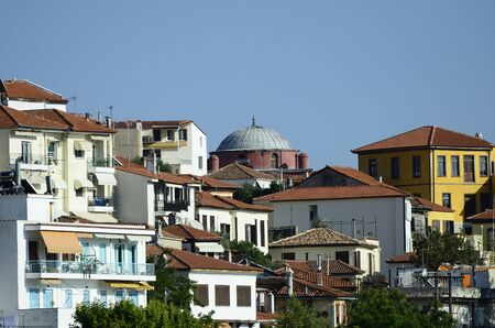 Greece, Kavala, homes and cupola of the old mosque on Panaghia peninsula