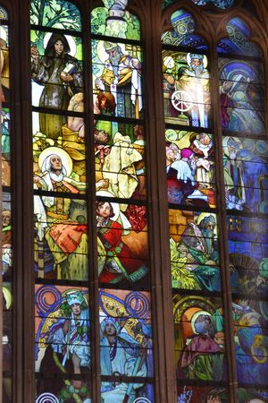 Prague, Czech Republic - December 3rd 2015: Arful painted window in Saint Vitus cathedralのeditorial素材