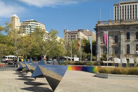 Adelaide, Australia - January 30th 2008: Exhibition with modern sculpture and buildings in the capital city of South Australiaのeditorial素材