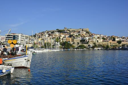 Kavala, Greece - September 17th 2015: Cityscape with fortress and harbor of the city in Eastmacedoniaのeditorial素材