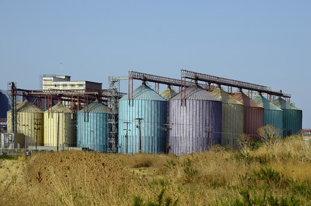 Greece, colorful silos from flour factory in Alexandroupolisのeditorial素材