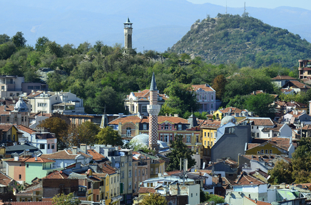 Bulgaria, Plovdiv, cityscape with clock tower and minaret of Dzhumaya mosqueのeditorial素材