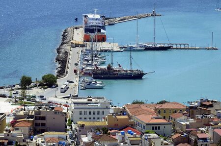 Zakynthos, Greece - May 26th 2016: Aerial view to harbor and city with ships and ferry  vesselのeditorial素材