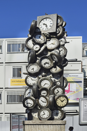 Paris, France - June 03, 2011: Clock Tower sculpture at railway station Gare du Nord designed from...