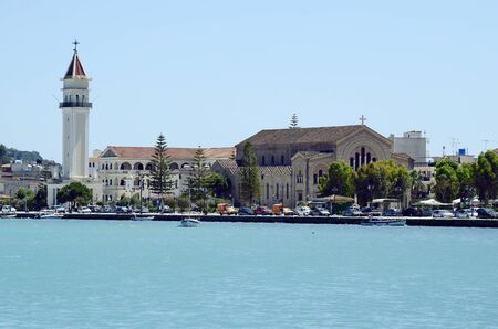 Zakynthos, Greece - May 26, 2016: Church Agios Dionysios with bell tower in the capital of the island in Ionian seaのeditorial素材