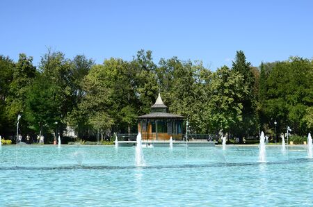Plovdiv, Bulgaria - September 23, 2016: Unidentified people and lake with singing fountains in Tsar...