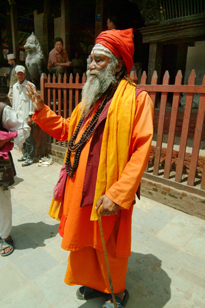 Kathmandu, Nepal - July 14th 2004: Unidentified holy man and priest named Sadhu in traditional clothes on durban placeのeditorial素材