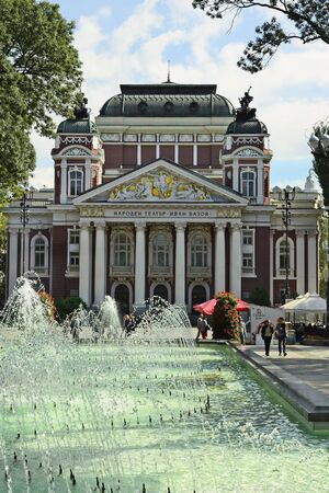 Sofia, Bulgaria - September 25th 2016: Unidentified people and fountain in Gradska Gradina, public central park and national thater Ivan Vazovのeditorial素材