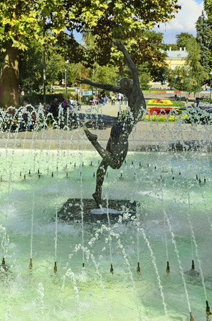 Sofia, Bulgaria - Unidentified people in city park named Gradska Gradina with fountain and sculpture, preferred place to relaxの写真素材