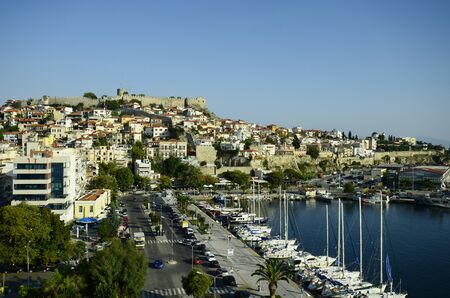 Kavala, Greece - September 12th 2014: Medieval fortress and harbor, Panaghia peninsula with Imaret, homes and churchのeditorial素材