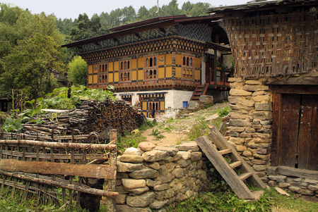 Bhutan, home built in traditional structureの写真素材