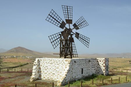 Spain, Canary Island, Fuerteventura, landscape wirh old windmillの写真素材