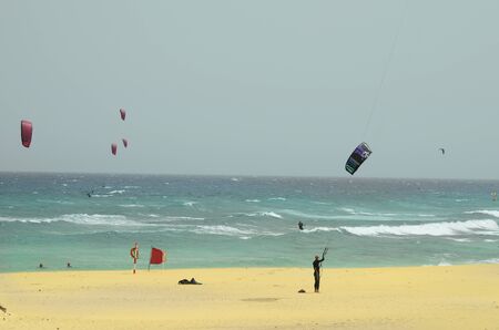 Fuerteventura, Spain - March 31, 2017: Unidentified kite surfer in Atlantic ocean, preferred sport on Canary islandsのeditorial素材