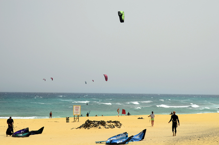 Fuerteventura, Spain - March 31, 2017: Unidentified kite surfer in Atlantic ocean, preferred sport on Canary islandsのeditorial素材