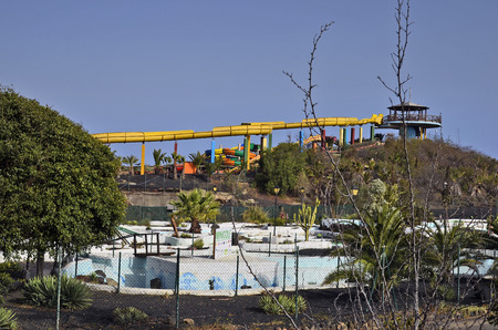 Corralejo,  Fuerteventura, Spain - April 02, 2017: Amusement area Aqua Water Park and mini golf  in the city on Canary Islandのeditorial素材