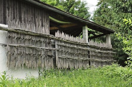 Austria, Tyrol, barn with agricultural equipmentの写真素材