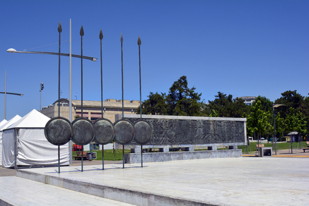 Thessaloniki, Greece - June 09, 2017: Part of memorial from Alexander The Great with shields and relievoのeditorial素材