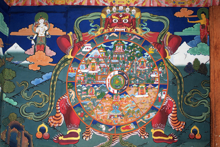 Paro, Bhutan - September 18, 2007: Religious wallpainting in Paro Dzong,のeditorial素材