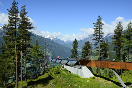Kaunergrat, Tyrol - June 22, 2016: Unidenified people on viewing point named Gacher Blick with Austrian Alps and Inn-valleyのeditorial素材