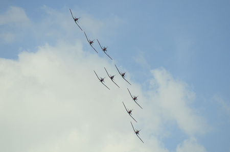 Zeltweg, Styria, Austria - September 02, 2016:  Formation flight from PC-7 team with propeller aircrafts Pilatus PC-7 by public airshow named airpower 16のeditorial素材