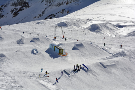 Stubaier glacier in Austrian Alps, Austria - December 20, 2015: Unidentified people enjoy winter sports area on Stubaier glacier in Austrian Alpsのeditorial素材