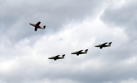 Zeltweg, Styria, Austria - July 01, 2011:  Display with Saab 105 from Austrian Airforce  by public airshow named airpower 11のeditorial素材