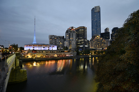 Melbourne, VIC, Australia - November 05, 2017: Night scene with illuminated buildings on Southbank of Yarra riverのeditorial素材