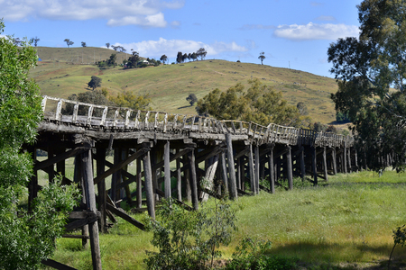 Australia, old wooden railway bridge from 19th century in Gundagai villageの写真素材