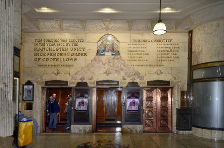 Melbourne, VIC, Australia - November 03, 2017: Unidentified people and elevators in Manchester Unity Building, an Art Deco inspired historic office buildingのeditorial素材