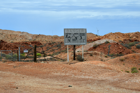 Australia, Coober Pedy, warning sign on opal fieldsの写真素材