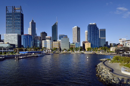 Perth, WA, Australia - November 27, 2017: Skyline from Perth on Swan river with different buildings and Spanda sculpture on Elizabeth Quay esplanadeのeditorial素材