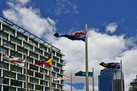 Australia, WA, different flags of Australian Territories in fron of Council House in Perth
