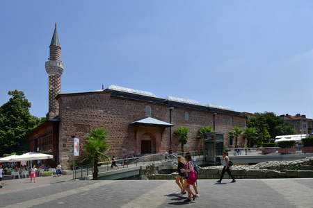 Plovdiv, Bulgaria - June 08, 2018: Unidentified people at ancient Roman Forum with medieval Dzhumaya mosque in Kapana district, city became European Capital of Culture 2019のeditorial素材