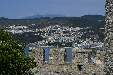Kavala, Greece - June 11,2018: View from medieval fortress with battlements to the city on Aegean sea in East Macedoniaのeditorial素材