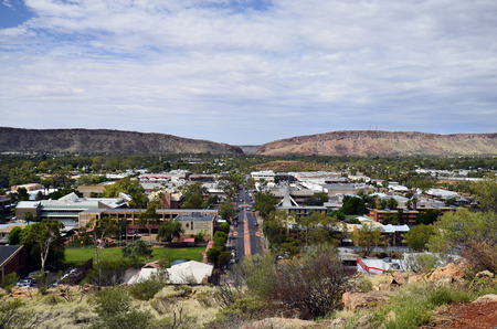 Alice Springs, NT, Australia - November 16, 2017: City view from Anzac Hill with different building, shops  in the city in Northern Territory, view to Heavytree Gapのeditorial素材