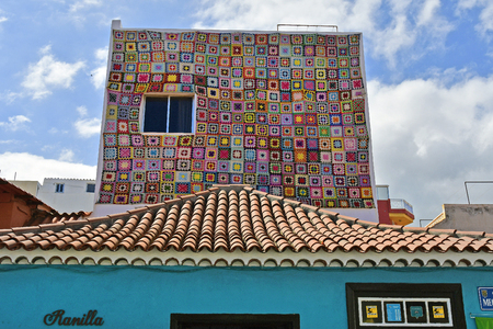 Tenerife, Canary Islands, Spain - April 03, 2018: House with knited facade in La Ranilla district in Puerto de la Cruzのeditorial素材