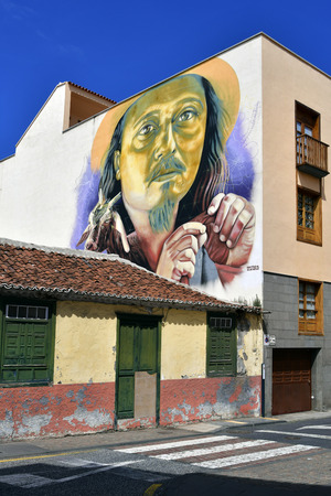 Tenerife, Canary Islands, Spain - April 03, 2018: Building with painted facade in La Ranilla district in Puerto de la Cruzのeditorial素材
