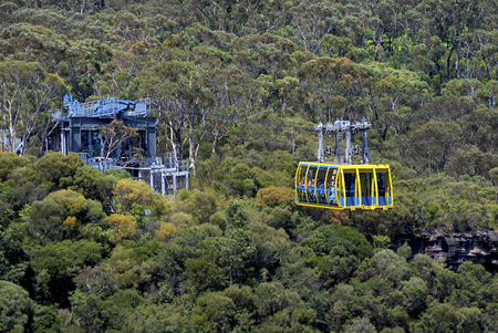 Katoomba, NSW, Australia - February 22, 2008: Cable car in Blue Mountains national park, preferred travel destination with three sisters rock formation, waterfalls, rock plateau and eucalyptus forestのeditorial素材
