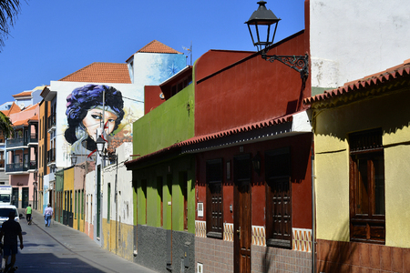 Tenerife, Canary Islands, Spain - April 03, 2018: Buildings with colorful facade and painted walls in La Ranilla district in Puerto de la Cruzのeditorial素材