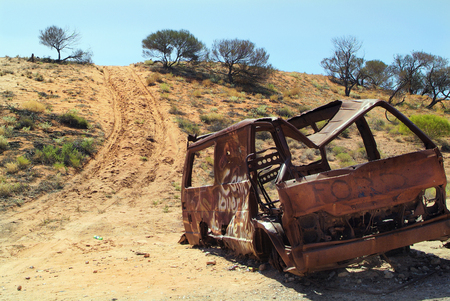 Lake Hart, SA, April 12, 2010: Wrecked car after accident in South Australians outbackのeditorial素材