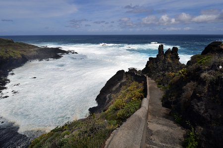 Spain, Canary Islands, Tenerife, footpath down to coast of Atlantic ocean in Garachitoの写真素材
