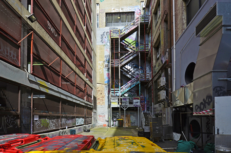 Melbourne, VIC, Australia - November 05, 2017: Hosier Lane - public urban street art gallery covered with ever-changing graffiti in downtown of the capitalのeditorial素材